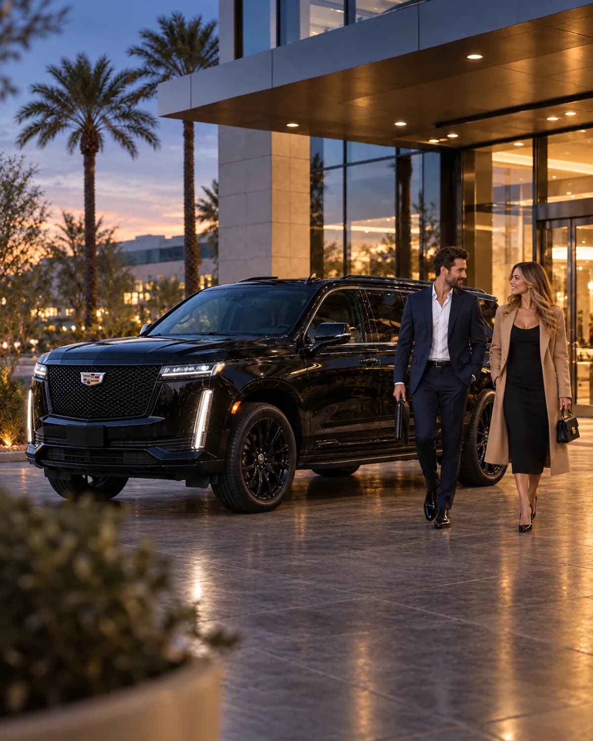 Executive couple walking to a PV Black Car Cadillac Escalade ESV at a Scottsdale office building